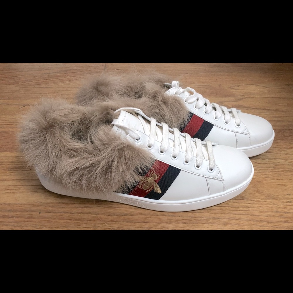 Gucci Sylvie Fur Ace Bee low top sneaker